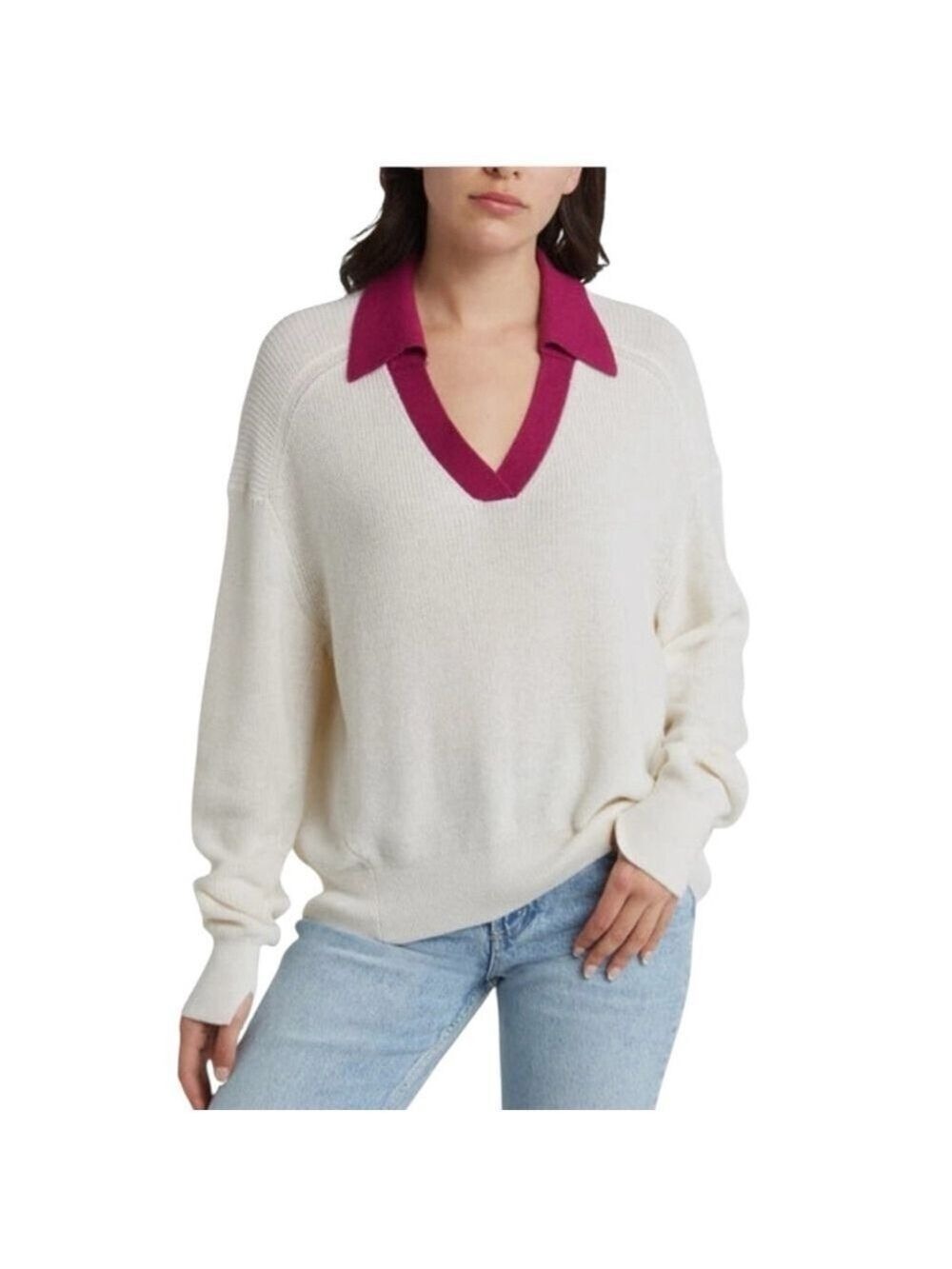 NWT Rag & Bone Brianne Cashmere/Cotton Ivory Knit Polo Academia Sweater, Size M